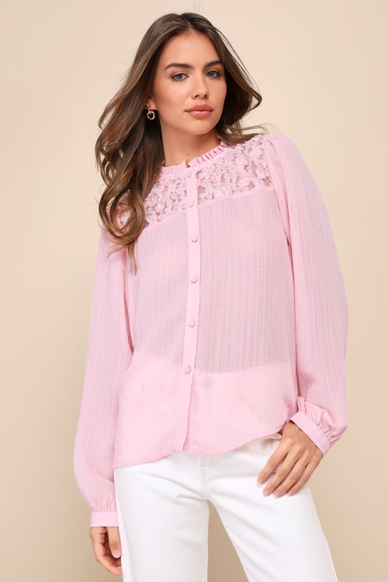 Lovely Delight Pink Chiffon Rosette Ruffled Long Sleeve Top 3