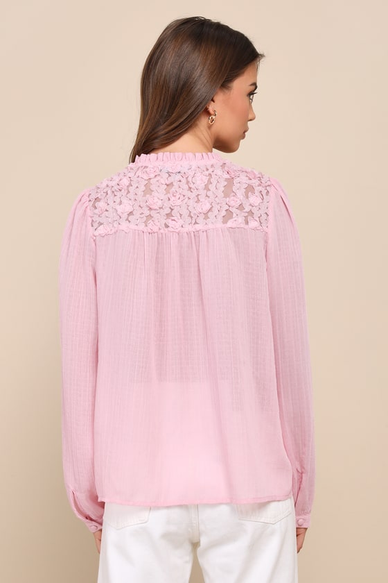 Pink Chiffon Top - Rosette Blouse - Ruffled Long Sleeve Top - Top