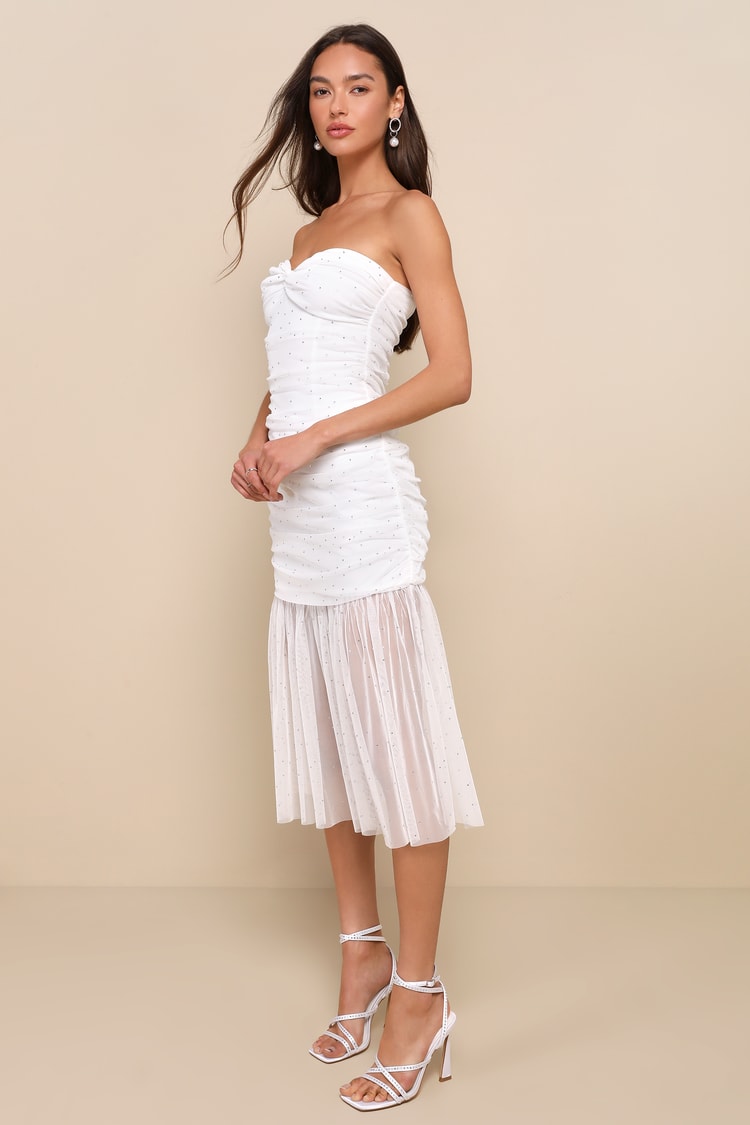 White Midi Dress - Mesh Rhinestone Dress - Strapless Ruched Dress - Lulus