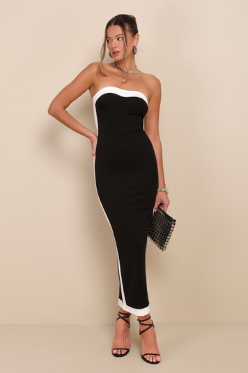 Roselyn Black and White Off-the-Shoulder Midi Dress