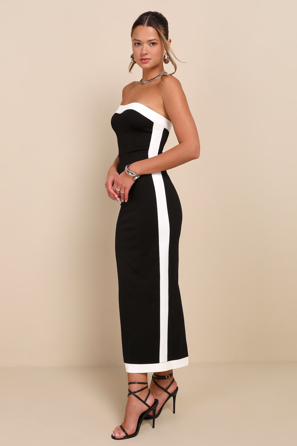 Impressive Edge Black Color Block Strapless Midi Dress