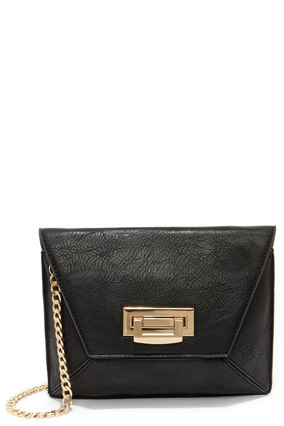 Chic Black Clutch Gold Chain Purse Vegan Leather Clutch 28.00