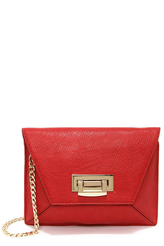 Chic Red Clutch Gold Chain Purse Vegan Leather Clutch 28.00 Lulus