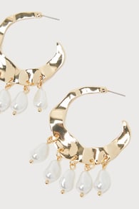 Exceptional Appearance Gold Pearl Hammered Hoop Earrings