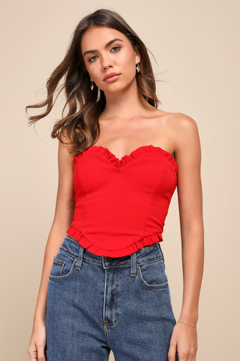 Swoon-Worthy Date Red Ruffled Strapless Lace-Up Bustier Top