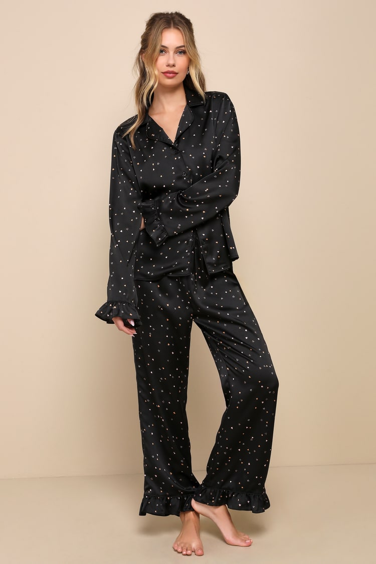 Black Satin Pajama Set - Heart Print PJ Set - Black Satin Pajamas - Lulus
