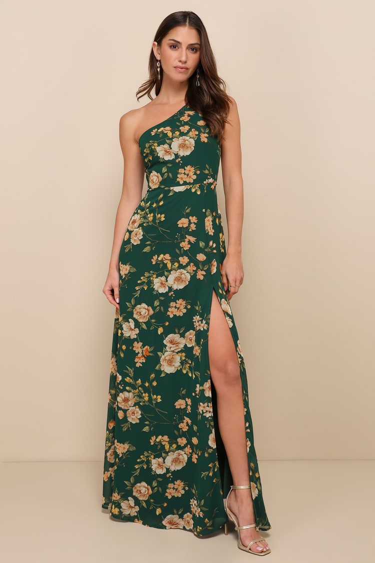 Emerald Floral Maxi Dress One-Shoulder Dress Chiffon Dress Lulus