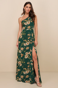 Elegant Admiration Emerald Green Floral One-Shoulder Maxi Dress