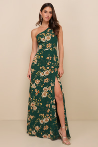 Elegant Admiration Emerald Green Floral One-Shoulder Maxi Dress 2