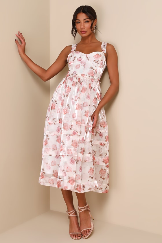 Sincerely Enchanting Ivory Floral Print Organza Midi Dress 1