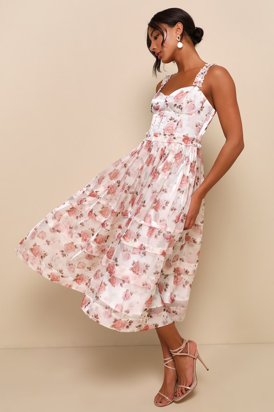 Sincerely Enchanting Ivory Floral Print Organza Midi Dress 4