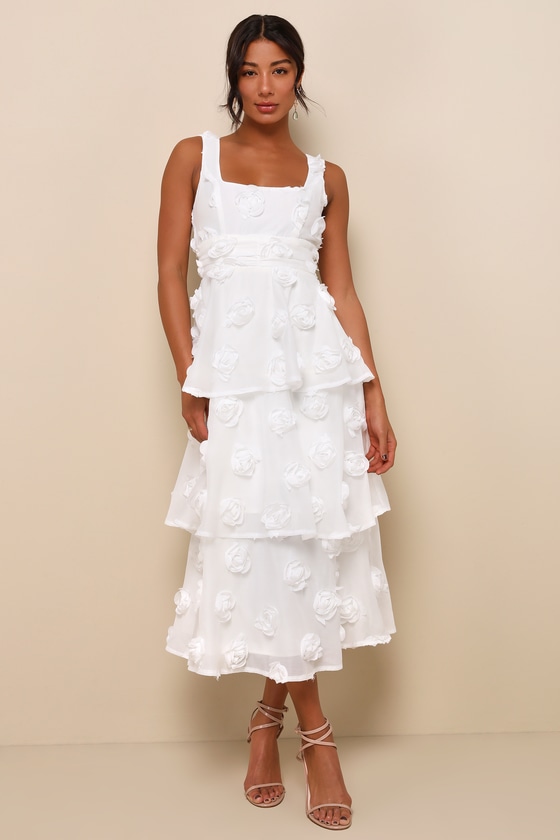 White Sleeveless Dress - Tiered Rosette Dress - Tiered Midi