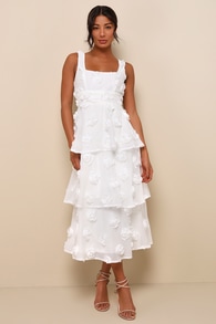 Exceptional Entrance White Sleeveless Tiered Rosette Midi Dress