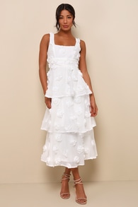 Exceptional Entrance White Sleeveless Tiered Rosette Midi Dress 1