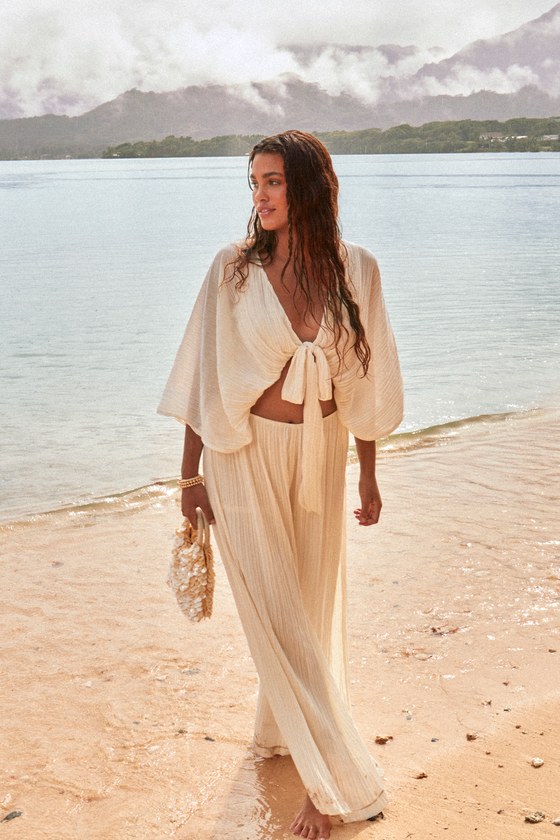 Lulus Pristine Presence Ivory Plisse High-waisted Wide-leg Pants In Ivory