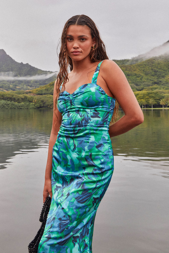 Blue and Green Floral Dress - Satin Bustier Dress - Midi Dress - Lulus