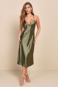Exquisitely Chic Olive Green Satin Backless Slip Midi Dress 1