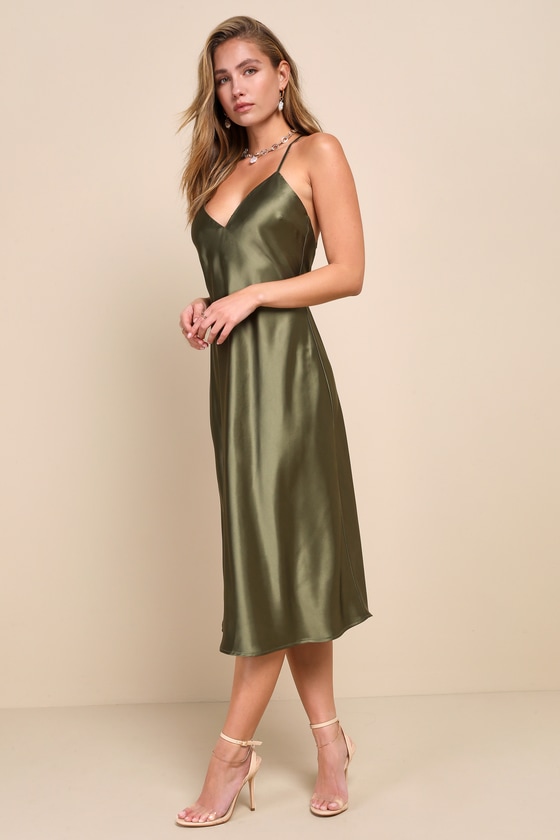 Exquisitely Chic Olive Green Satin Backless Slip Midi Dress 2