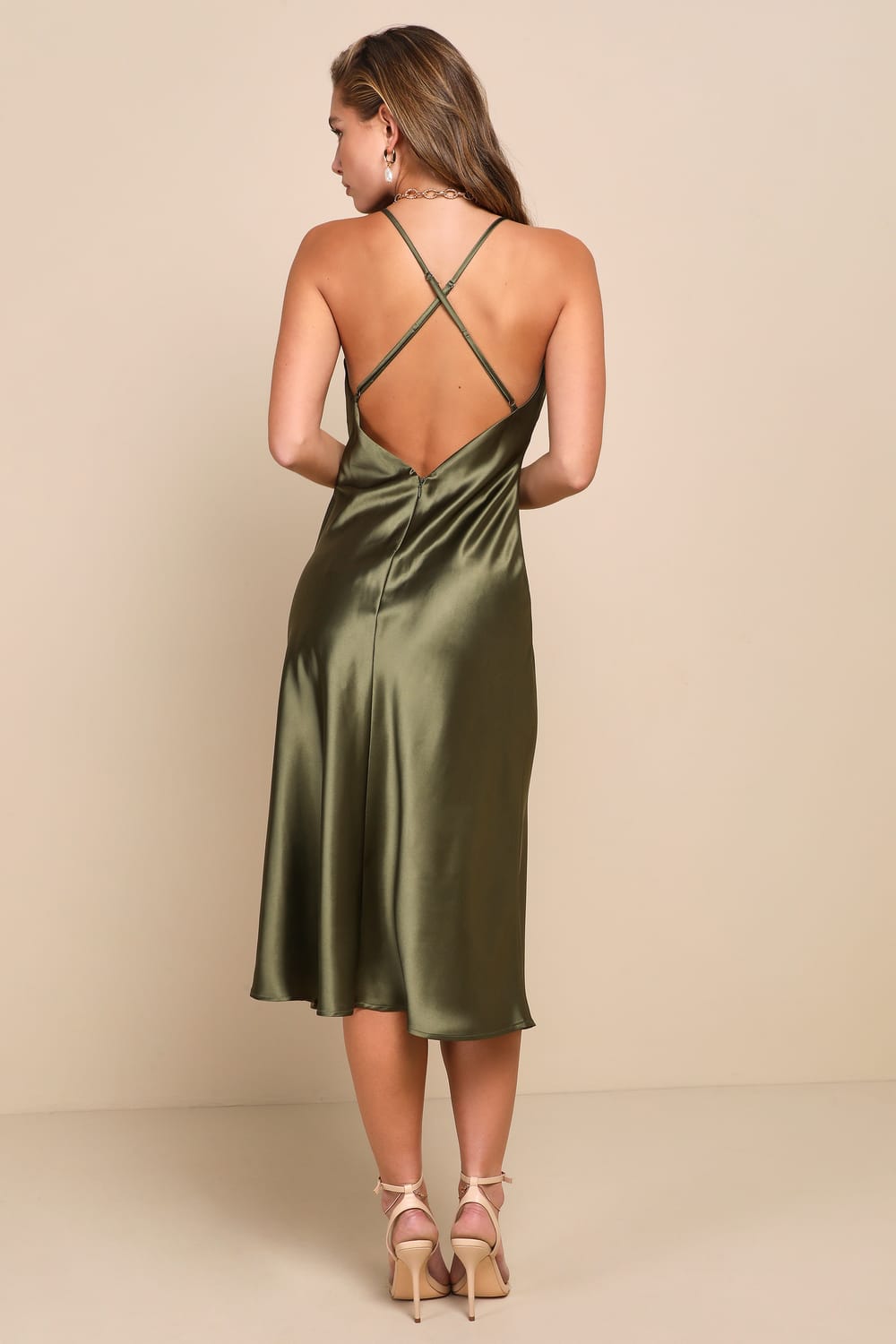Exquisitely Chic Olive Green Satin Backless Slip Midi Dress