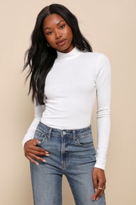 Essential Trend Ivory Pointelle Knit Mock Neck Long Sleeve Top
