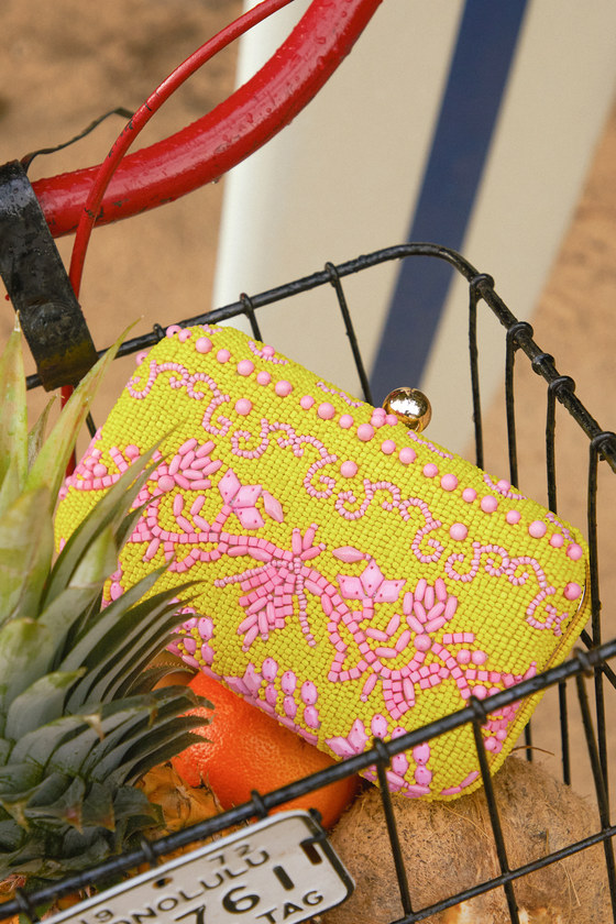 Lulus Exceptional Excellence Yellow And Pink Beaded Hard Clutch