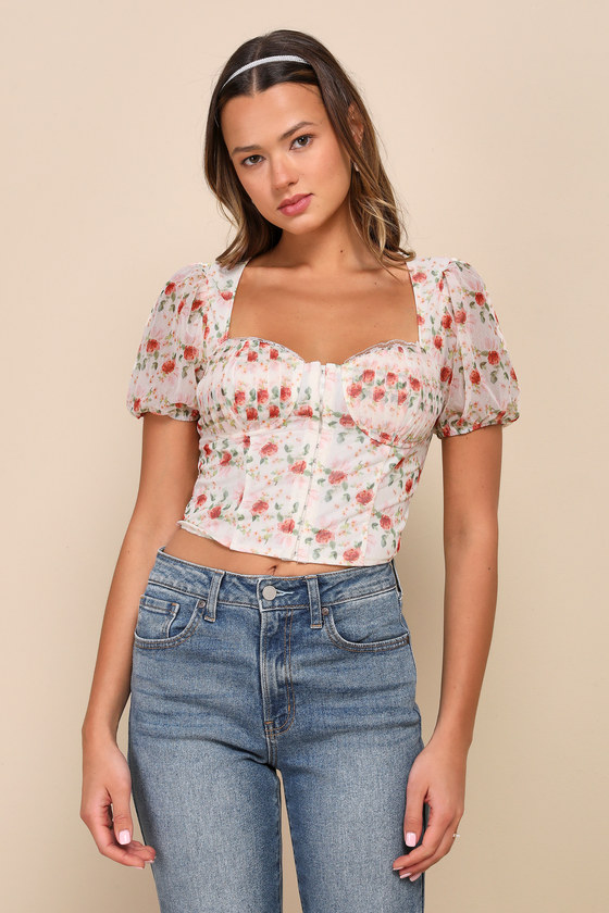 Undeniable Sweetie Ivory Floral Puff Sleeve Tie-Back Bustier Top 2