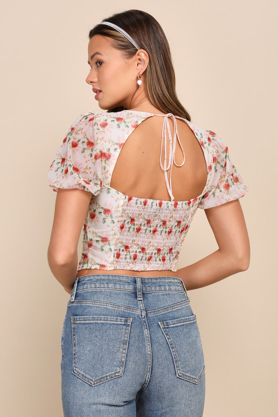 Undeniable Sweetie Ivory Floral Puff Sleeve Tie-Back Bustier Top 3