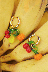 Fruit Basket Gold Glass Fruit Huggie Hoop Earrings