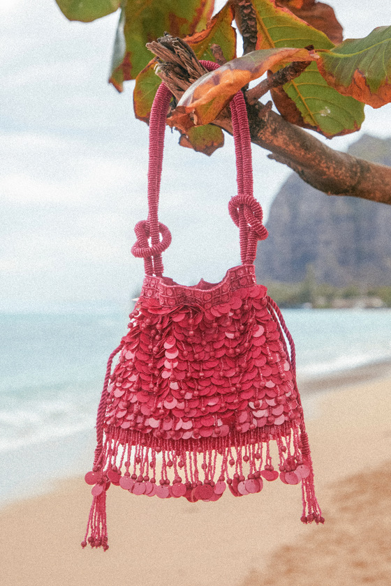 Lulus Iconic Idea Hot Pink Beaded Sequin Fringe Handbag