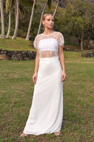 Everlasting Poise White Sheer Pearl Beaded Two-Piece Maxi Dress
