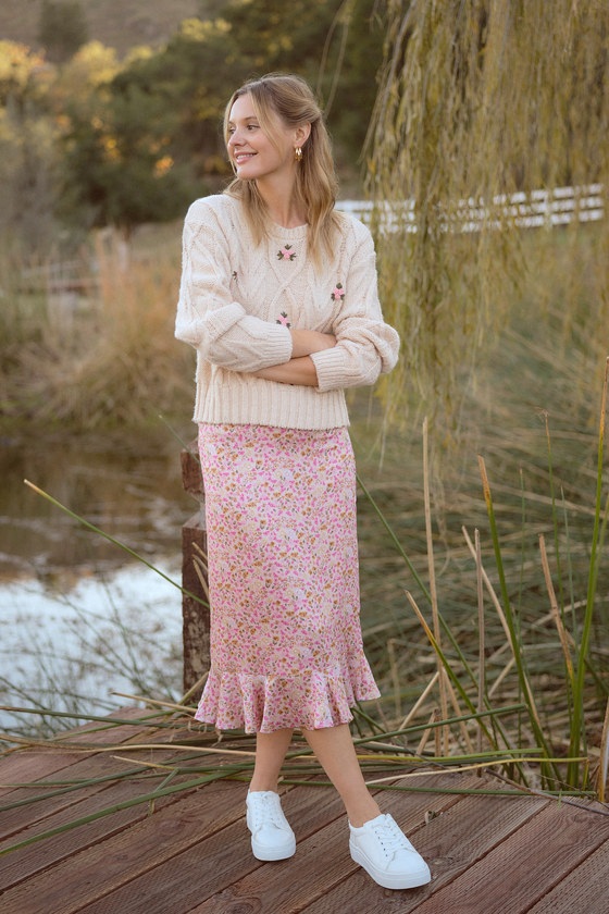 Shop Lulus Darling Perception Pink Floral Print Ruffled Midi Skirt