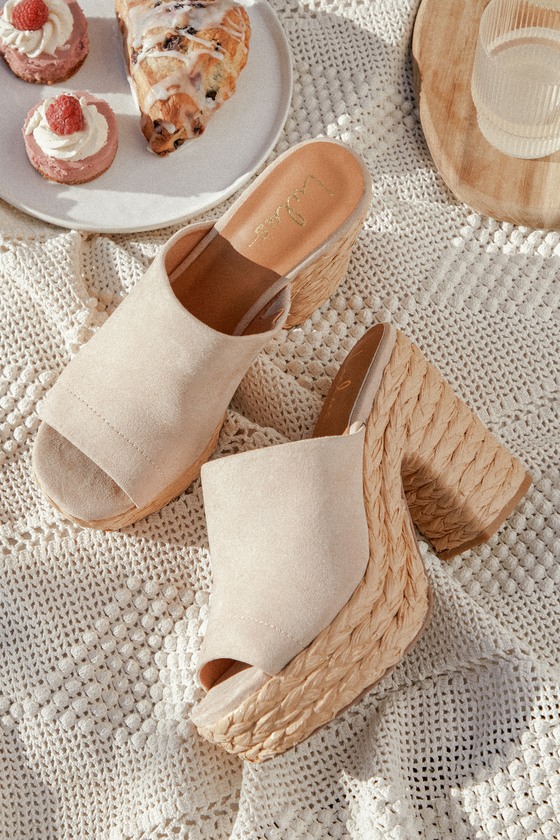Ervyn Light Nude Suede Raffia Platform Slide Sandals 1