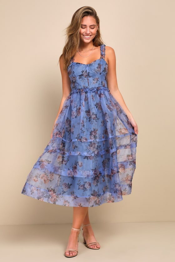 Lulus Sincerely Enchanting Periwinkle Floral Print Organza Midi Dress In Blue