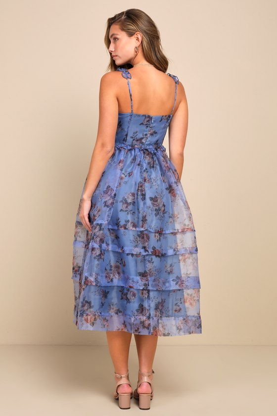 Sincerely Enchanting Periwinkle Floral Print Organza Midi Dress 4