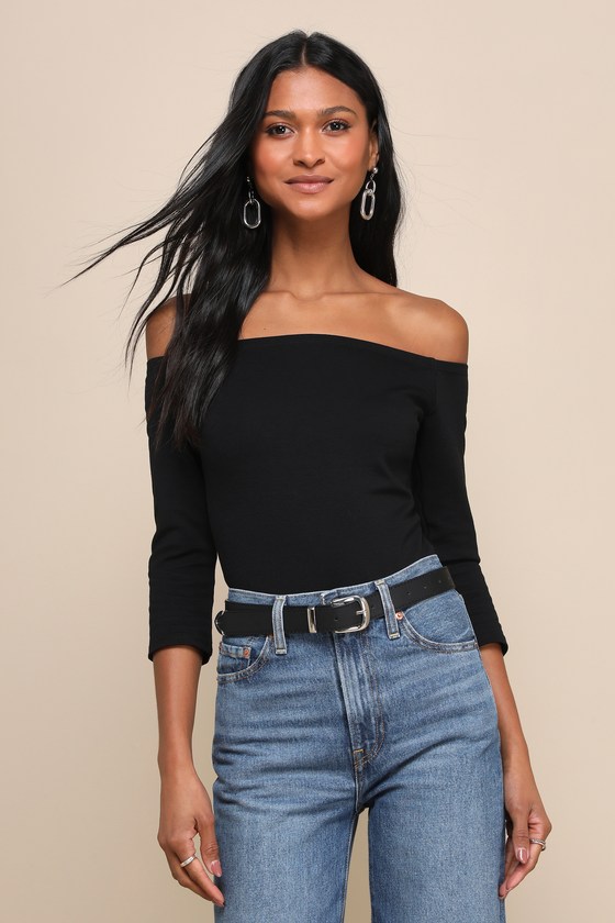 Black Bodysuit - Off-The-Shoulder Top - Three-Quarter Sleeve Top - Lulus