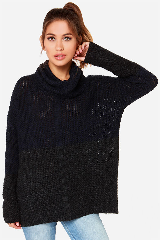 navy pants grey sweater