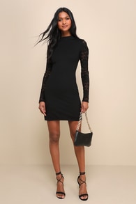 Lace Up Your Sleeve Black Lace Long Sleeve Bodycon Dress