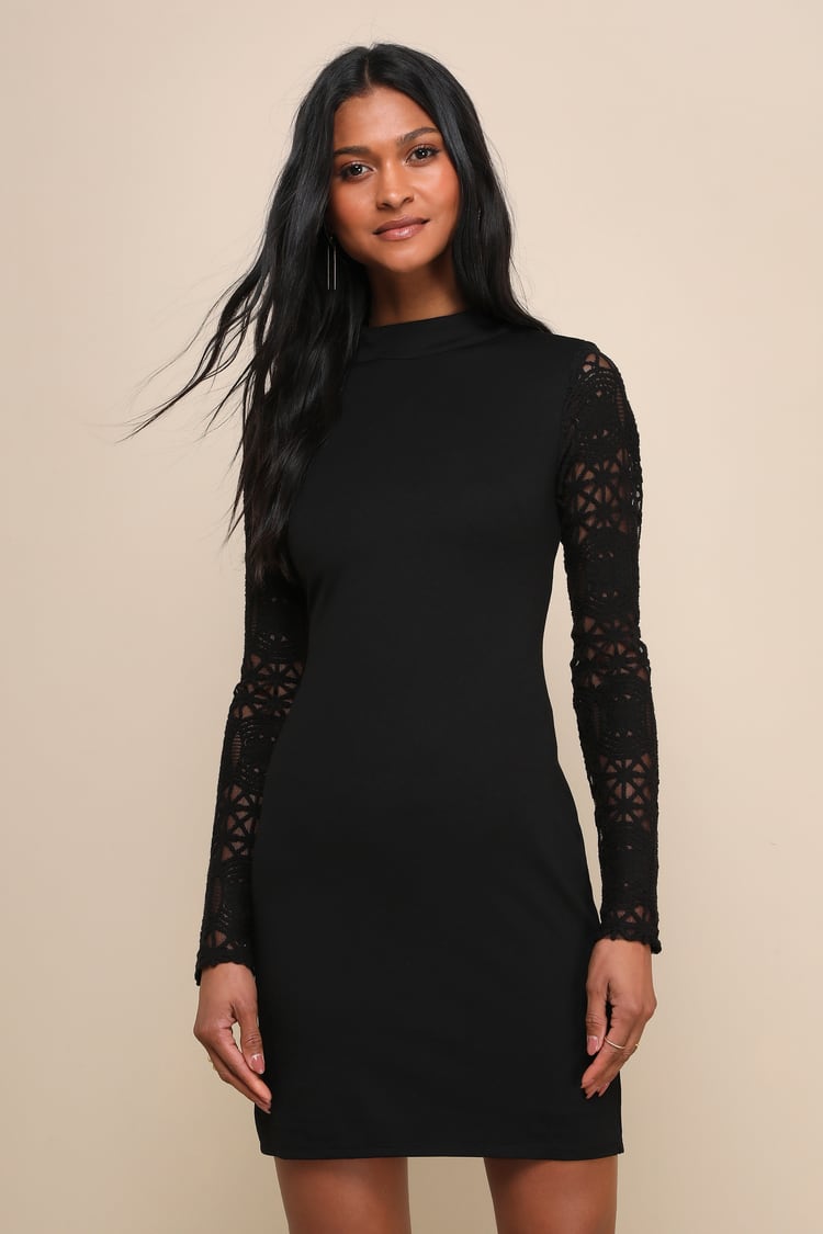 Lace Up Your Sleeve Black Lace Long Sleeve Bodycon Dress