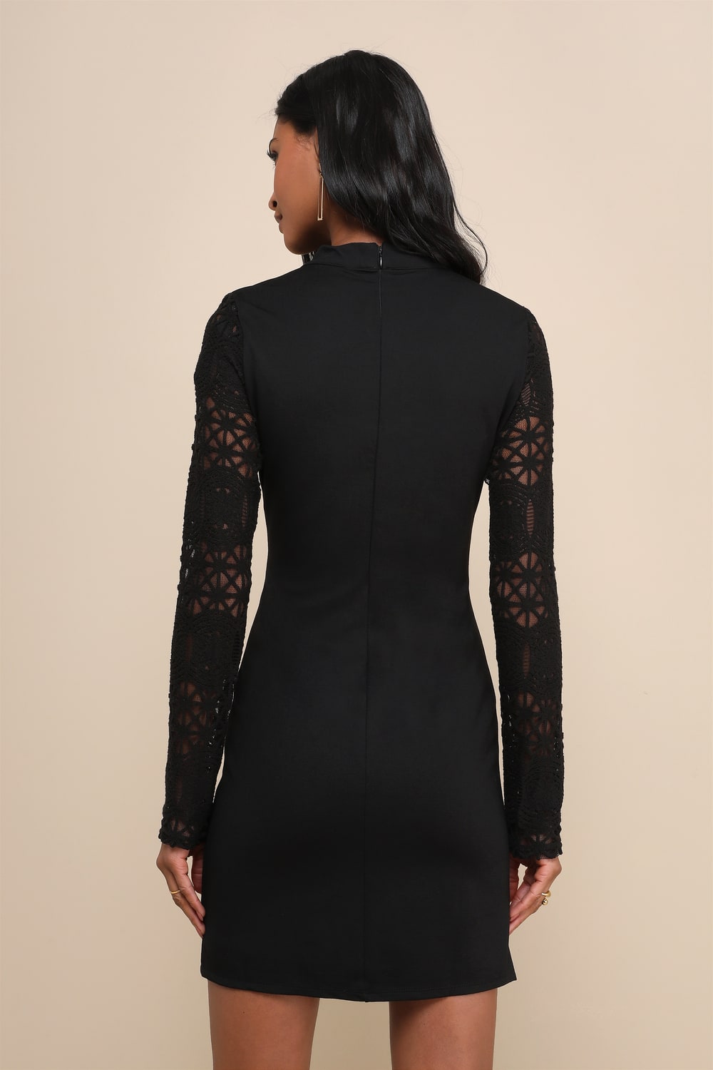 Lace Up Your Sleeve Black Lace Long Sleeve Bodycon Dress