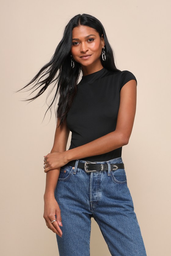 Sleek Style Black Funnel Neck Bodysuit 1