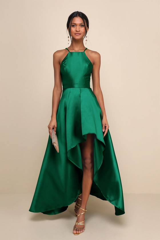 Lovely Emerald Green Dress HighLow Dress Satin Gown Lulus