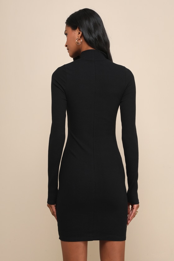 Black Bodycon Dress - Ribbed Mini Dress - Chic Mock Neck Dress - Image 3