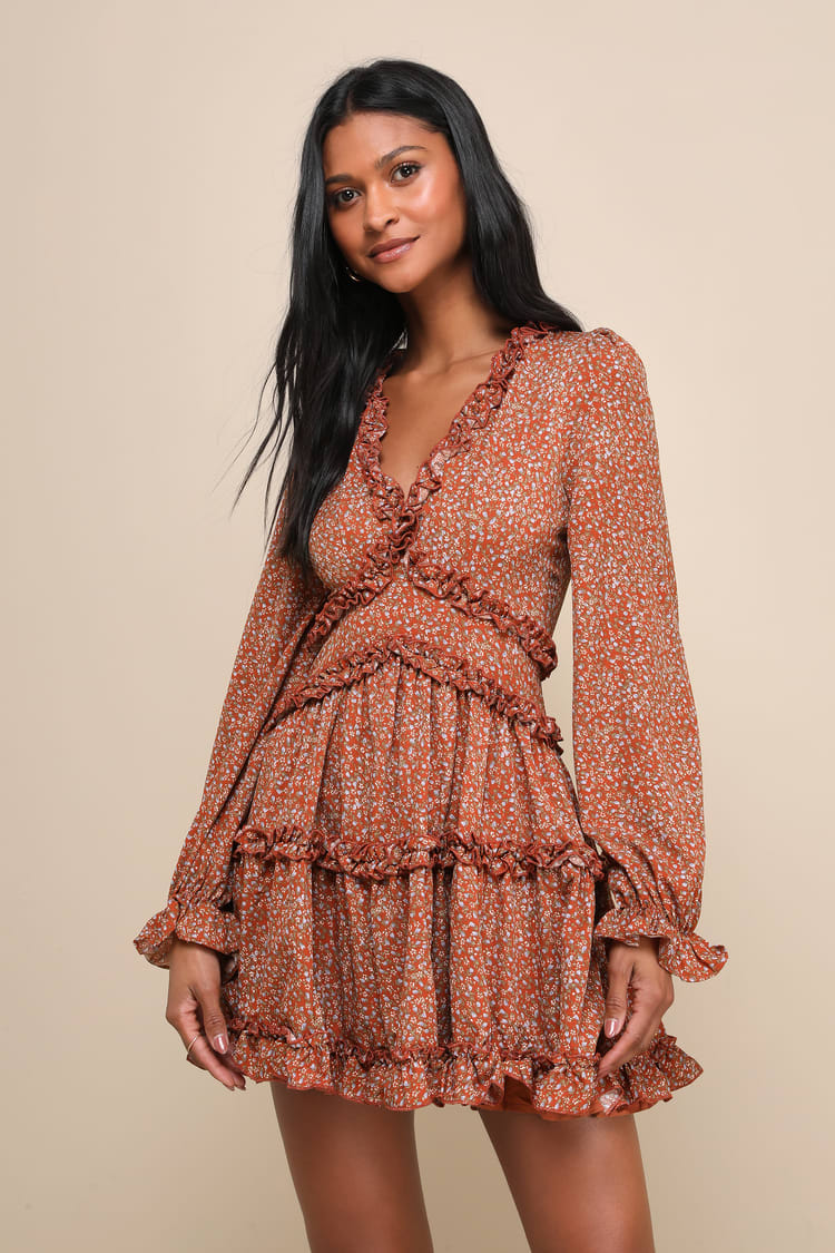 Floral Print Long Sleeve Ruffles Mini Dress