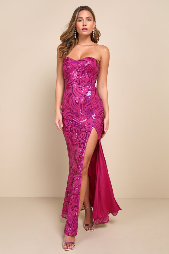 Lulus Glamorous Intrigue Magenta Sequin Strapless Maxi Dress