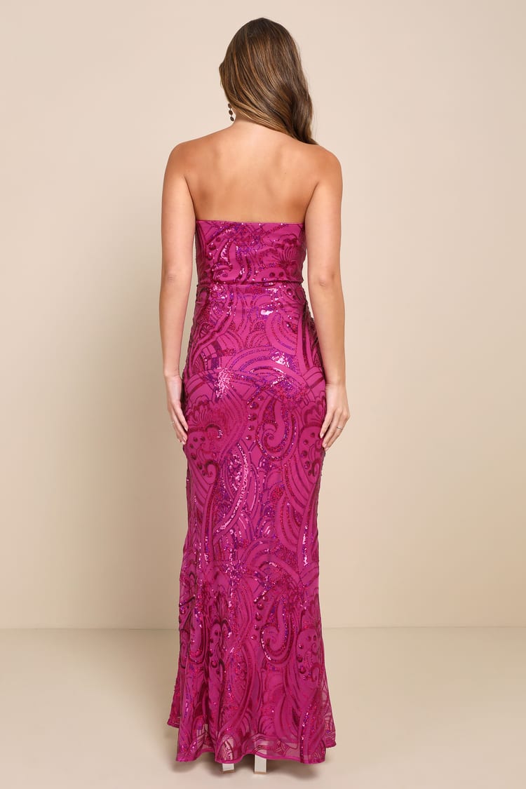 Glamorous Intrigue Magenta Sequin Strapless Maxi Dress