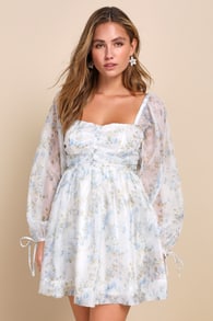 Exceptionally Dainty White Floral Chiffon Babydoll Mini Dress