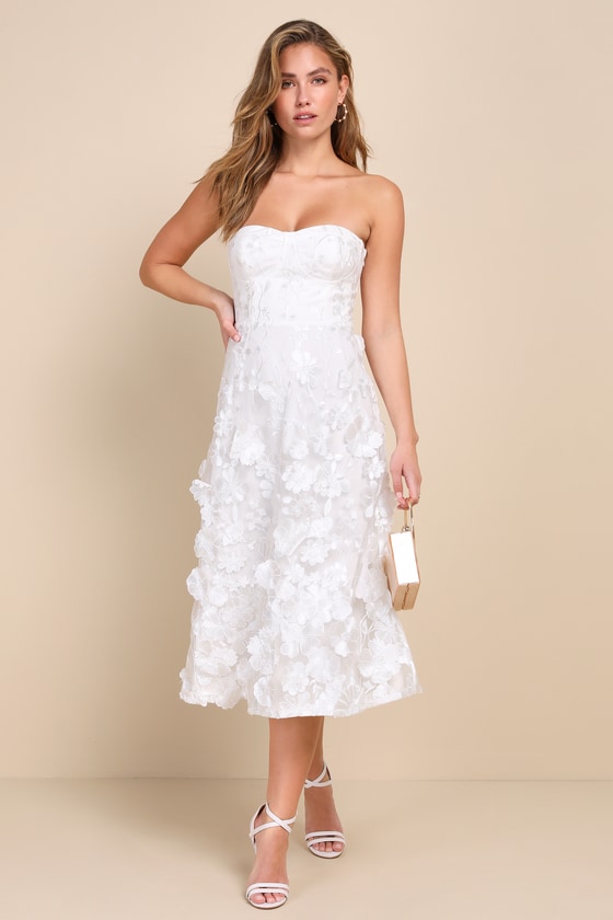 Lulus Delightful Romance White Floral 3d Strapless Lace-up Midi Dress