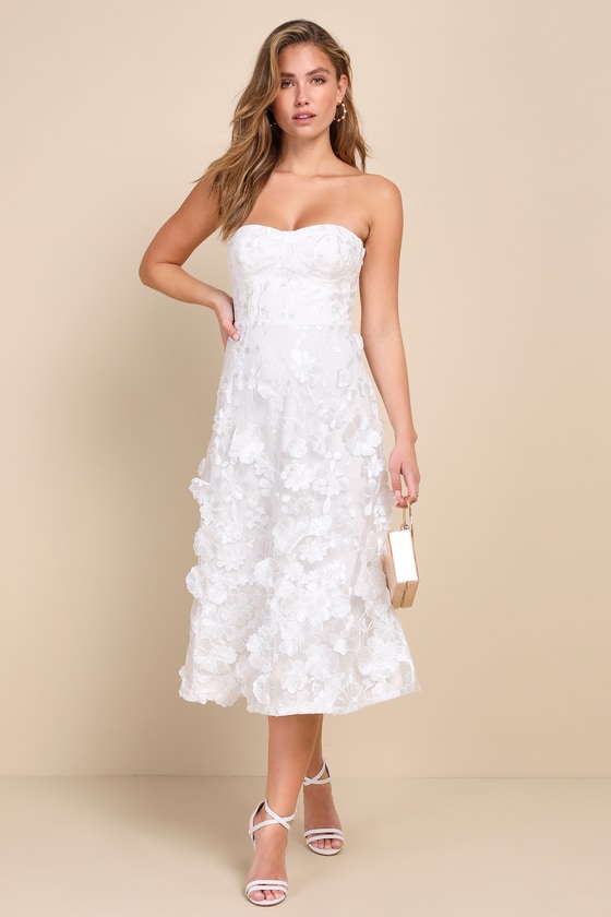 White Floral 3D Dress - Applique Midi Dress - Strapless Dress - Lulus