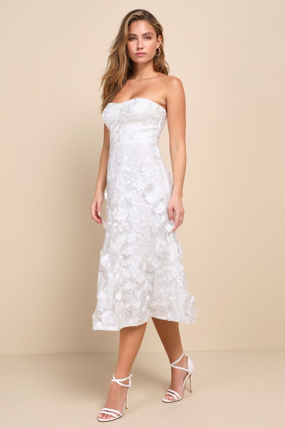 White Floral 3D Dress - Applique Midi Dress - Strapless Dress - Lulus