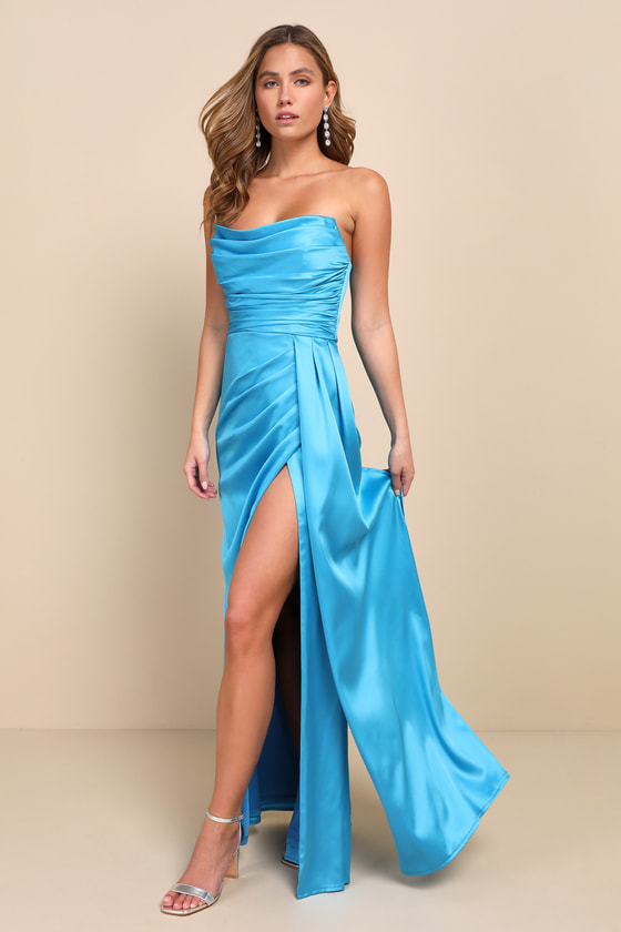 Lulus Ethereal Excellence Teal Blue Satin Pleated Strapless Maxi Dress